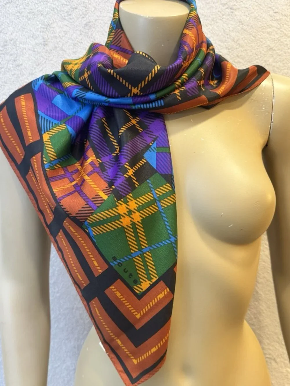 VTG Acute Scarf, Korea, 1980's, Vibrant Multi-Colored Patchwork Plaid 30